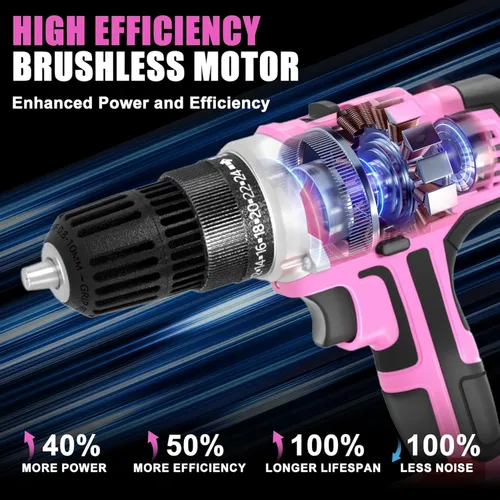 Vista 6 de GardenJoy Juego de Taladro Inalámbrico de 20V, Kit Eléctrico de Potencia 2 Baterías Con Cargador 30Nm 2 Velocidades Portabrocas Sin Llave de 3/8