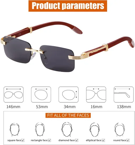 Vista 4 de Laurinny Lentes de sol rectangulares de metal dorado con lente tintada, patillas de madera de los años 90, gafas retro para mujeres y hombres