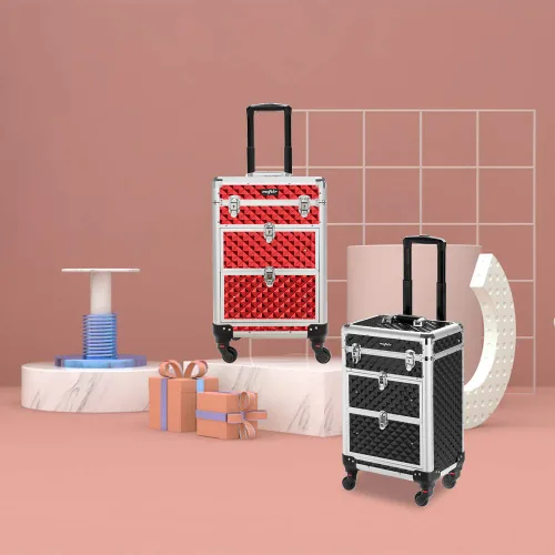 Vista 8 de Mefeir Estuche rodante de maquillaje de aluminio, maletín organizador de maquillaje portátil, caja de almacenamiento de cosméticos, equipaje
