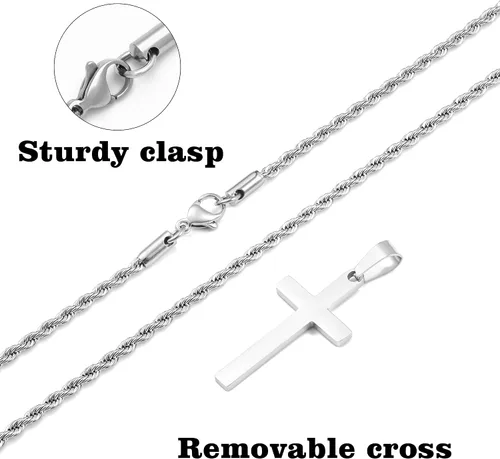 Vista 7 de LUXEJEW Collar de cruz para hombres y niños, cadena de cuerda de acero inoxidable plataoronegro, collar con colgante de cruz, joyería para hombre