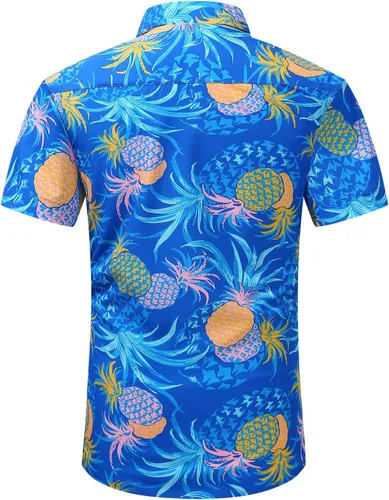 Vista 2 de Camisa estampada hawaiana para hombre, manga corta tropical, camisa de Aloha con botones, ajuste regular con bolsillos
