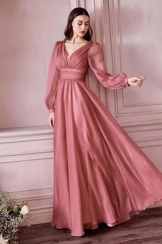 Vista 6 de Vestidos de fiesta de gasa de manga larga con cuello en V, vestido de fiesta de noche fruncido, vestido largo bohemio de boda para novia