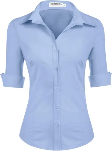 Vista 9 de HOTOUCH Camisa de manga 3/4 con botones para mujer, blusas de trabajo ajustadas, camisas de vestir de algodón, camisas de oficina