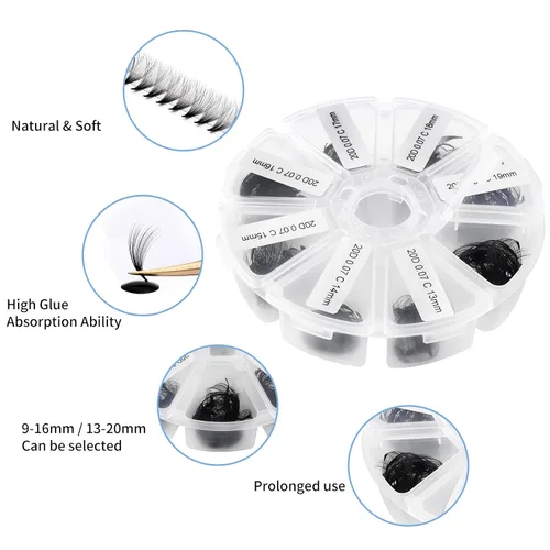 Vista 25 de Extensiones de pestañas de 1200 fans, prefabricadas, con volumen, 9-20mm, bandeja mixta, 20D, con punta en C, base puntiaguda, extensiones