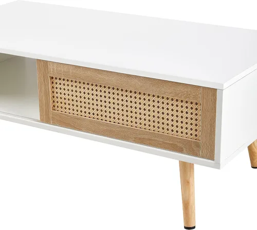 Vista 9 de IANIYA Mesa de centro con almacenamiento oculto, mesa central rectangular de 41.3 pulgadas con puerta tejida de ratán y patas de madera maciza