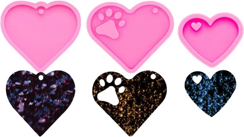 Vista 3 de 3 piezas de moldes de silicona de resina brillante con huella de pata para hacer llaveros DIY, molde de epoxi en forma de corazón con anillo