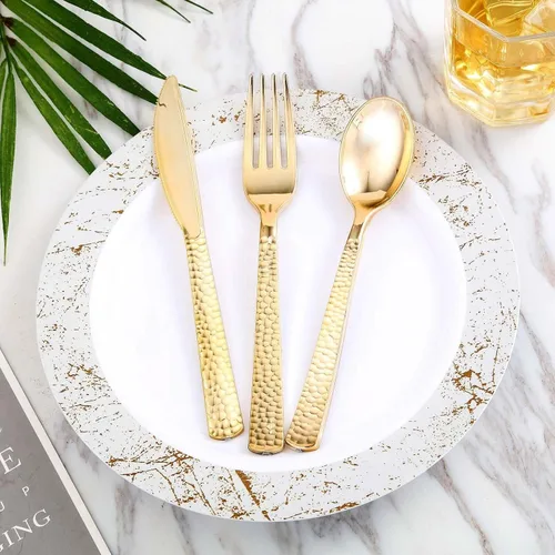 Vista 6 de Efavormart - Juego de 24 tenedores desechables de plástico color oro rosa, cubiertos resistentes de 7 pulgadas con elegante diseño martillado