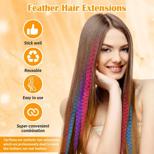 Vista 5 de Kit de 65 piezas de plumas para el cabello con herramientas para extensiones de cabello, kit de extensiones de plumas de cabello sintético largo