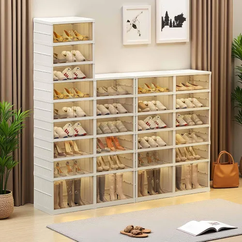 Vista 5 de Organizador plegable para zapatos para armario, 9 niveles, 18 pares, apilable, estante de zapatos plegable con puertas, organizador de zapatos