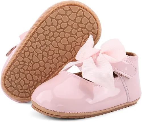 Vista 5 de ESTAMICO Zapatos planos de Mary Jane para niñas pequeñas, suela de goma suave, zapatos de princesa con lazo para cuna, vestido de boda