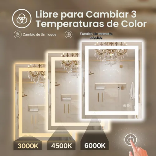 Vista 6 de Espejo de tocador LED de 24 x 36 para baño, espejo LED frontal y retroiluminado para baño con 3 luces de color, espejo de tocador de pared