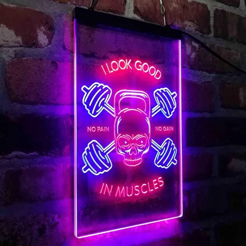 Vista 3 de ADVPRO No Pain No Gain I Look Good in Muscles Weight Train Gym Fitness Señal de neón LED de doble color azul y rojo 8 x 12 pulgadas st6s23-i4093-br
