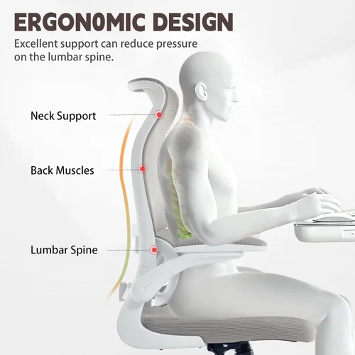 Vista 5 de Silla de oficina ergonómica, silla de escritorio de malla transpirable con respaldo alto para computadora con soporte lumbar ajustable y Blanco
