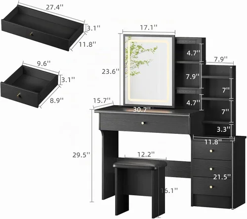 Vista 2 de Memobarco Escritorio de tocador con espejo y luces, tocador de maquillaje con 3 modos de iluminación ajustables, escritorio de tocador pequeño