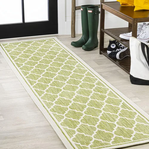 Vista 23 de JONATHAN Y Tapete marroquí con diseño enrejado para interiores y exteriores, 2 x 8 pies, marrón/beige, tejido texturizado de trébol para patio