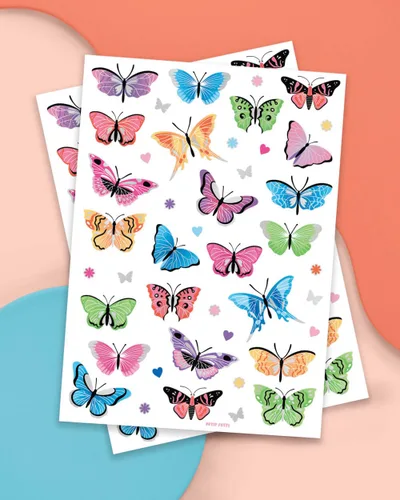 Vista 2 de xo, Fetti Tatuajes temporales de mariposa - 46 estilos de purpurina Suministros para fiesta de cumpleaños de hadas arco iris, monarcas, corazones