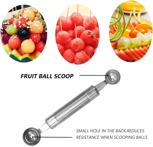Vista 5 de 2 cucharas de melón Baller, formas de cortador de frutas de acero inoxidable, herramienta multifuncional para tallar cucharada de melón