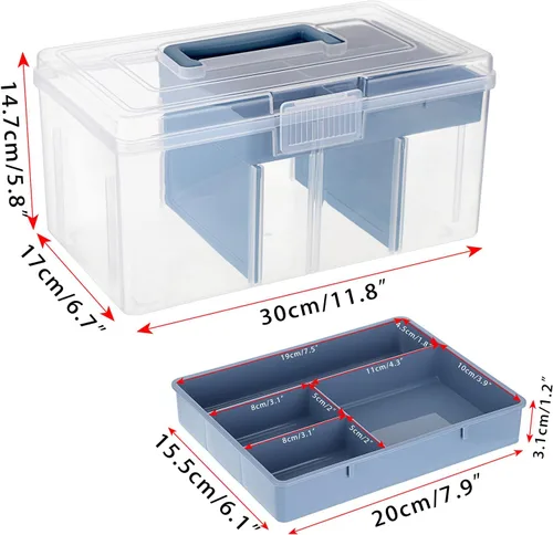 Vista 4 de BTSKY - Caja de almacenamiento de 2 capas de plástico transparente con bandeja extraíble, caja organizadora multiuso para papelería con asa, caja