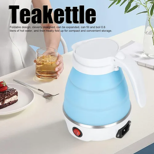 Vista 3 de Hervidor eléctrico plegable de viaje de 20.3 fl oz, hervidor eléctrico de silicona de grado alimenticio, hervidor eléctrico pequeño agua de Azul