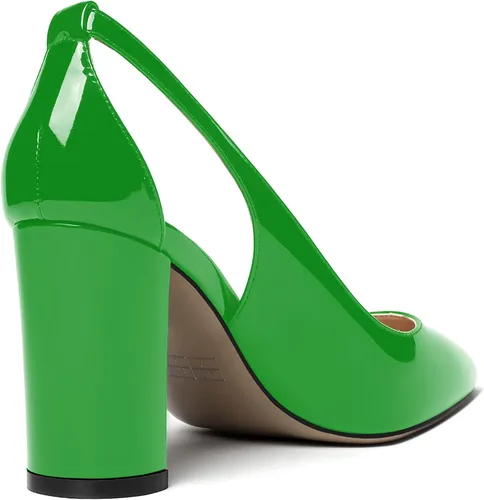 Vista 5 de MERRORI Zapatos de tacón alto grueso para mujer, tacón puntiagudo recortado, zapatos de patente de bloque de 3.3 pulgadas