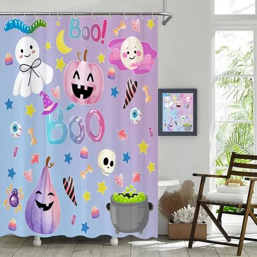 Vista 4 de JOOCAR Bonito juego de cortina de ducha de fantasmas de Halloween, cortina de ducha espeluznante de calabaza con caramelo, cortina de baño