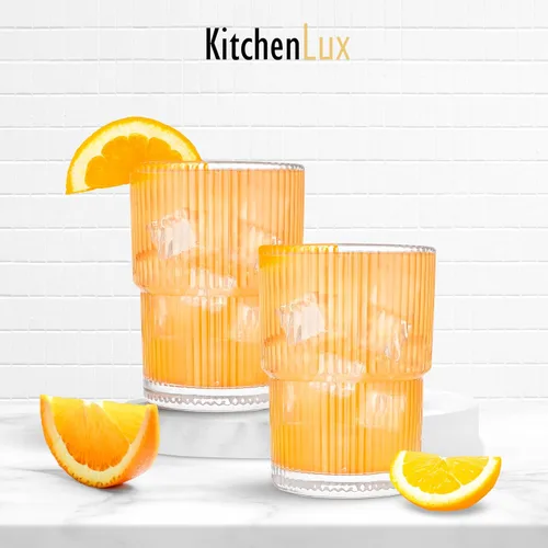 Vista 9 de Kitchen Lux Vasos acanalados de vidrio acanalado de 15 onzas – Juego de 2 vasos acanalados – Juego de 2 vasos estéticos con textura vintage retro
