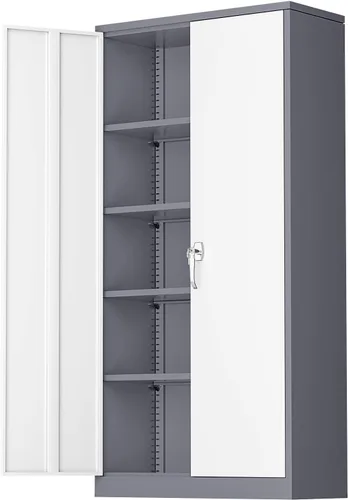 Vista 17 de Greenvelly Armario de almacenamiento de metal con cerradura, gabinete de garaje de metal de 71 pulgadas con 2 puertas y 4 estantes ajustables