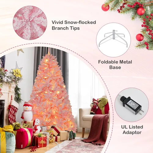 Vista 5 de Goplus Árbol de Navidad artificial preiluminado rosa de 6 pies, árbol de Navidad artificial con bisagras con nieve artificial con 808 puntas