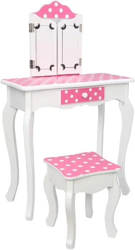 Vista 3 de ShyneeMakeup - Juego de tocador de madera de princesa con taburete acolchado, cajón, patas de madera y espejo, juego de maquillaje para niñas