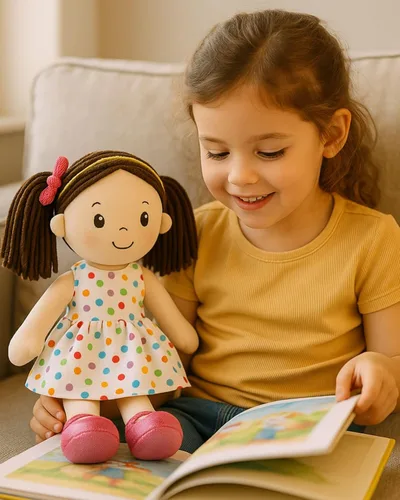 Vista 6 de Linzy Toys - Muñeca de trapo de felpa suave Adalyn de 16 pulgadas con lunares coloridos para niñas – Compañera de abrazo rellena para dormir