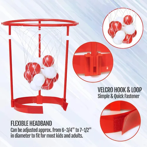 Vista 4 de Novelty Place Head Basketball Hoop Juego de fiesta para niños y adultos, diadema de baloncesto ajustable con 20 bolas, rojo y blanco