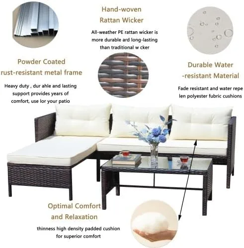 Vista 3 de Sofá al aire libre, juego de muebles de mimbre de ratán de 3 piezas con cojines beige, muebles de porche duraderos para balcón