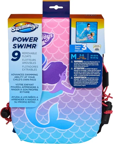 Vista 7 de SwimWays Power Swimr - Chaleco de natación para piscina al aire libre para niños, flotador ajustable para entrenamiento de natación, sirena rosa