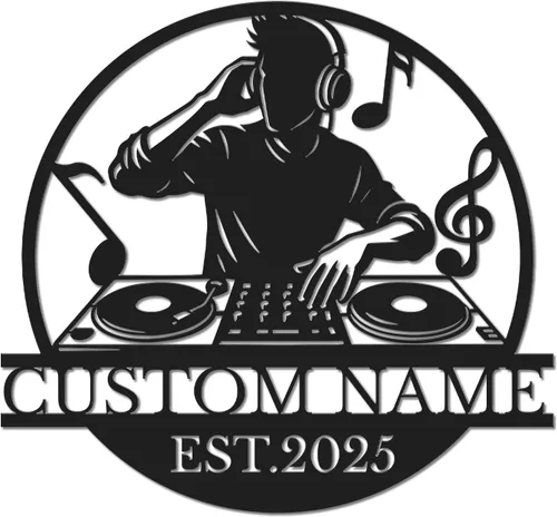 Vista 13 de Letrero de metal personalizado para DJ, arte de pared musical con nombre personalizado, decoración de estudio de disc jockey, regalo temático