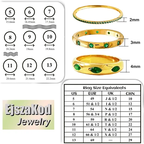 Vista 4 de Juego de 3 anillos de esmeralda para mujer, 18 quilates de circonita cúbica verde que no destiñe, delicados anillos de esmeralda, anillos verdes