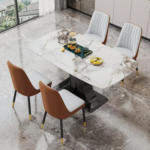 Vista 18 de Moderno juego de mesa de comedor para 4, mesa de vidrio de 63 pulgadas y base de MDF, mesa de comedor de mármol sintético negro con 4 sillas Mesa