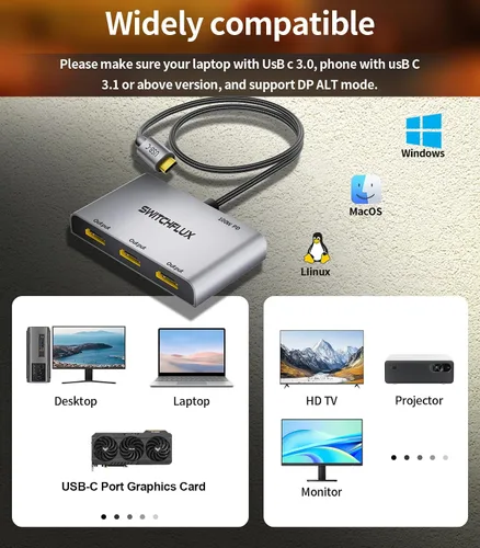 Vista 7 de Adaptador USB C a 3 × HDMI Divisor HDMI 4K60Hz Pantalla extendida Hub MST de 1 en 3 salidas con PD de 100 W para múltiples monitores convertidor