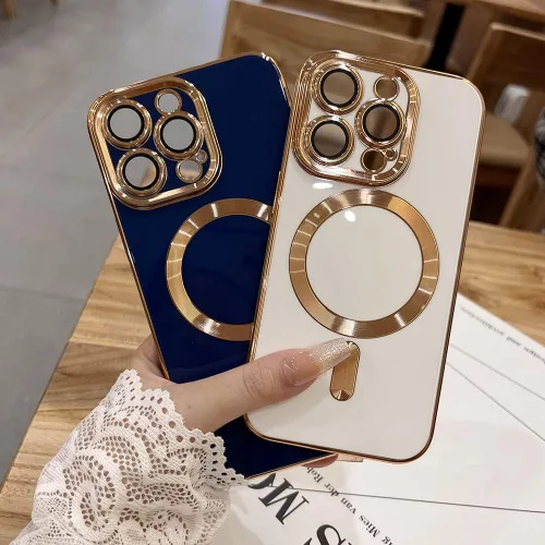 Vista 4 de OOK - Funda magnética para iPhone 15 Pro Max con borde chapado en oro, color negro Blanco