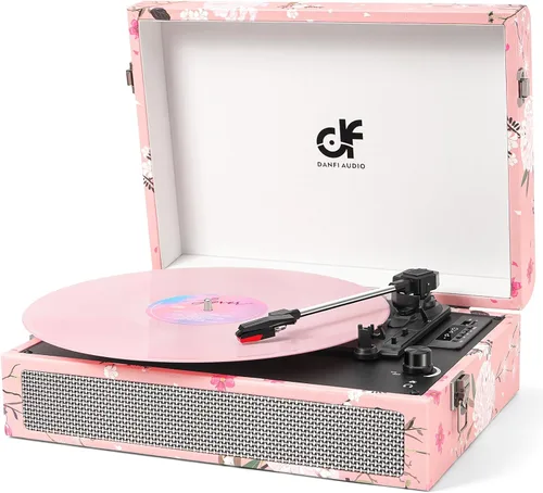 Vista 10 de Tocadiscos de vinilo Bluetooth con altavoces integrados, tocadiscos portátil vintage de 3 velocidades con auriculares de grabación USB/conector