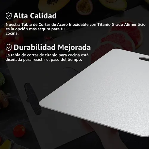 Vista 3 de Tabla de cortar de titanio, tablas de cortar de titanio para cocina, tabla de cortar de acero inoxidable de doble cara, duradera, no tóxica