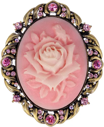 Vista 8 de Alilang Broche de pasador de camafeo con flores de cristal rosa antiguo inspirado en la vendimia Negro