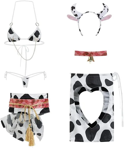 Vista 2 de Traje de ropa interior de vaca de cosplay para mujer, pijama sexy japonesa, Blanco y Negro
