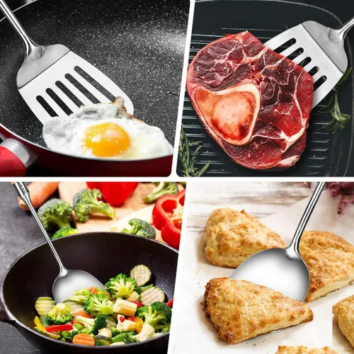 Vista 7 de Juego de 2 espátulas de acero inoxidable, espátula ranurada, espátula wok, utensilios de cocina de metal resistente para cocinar