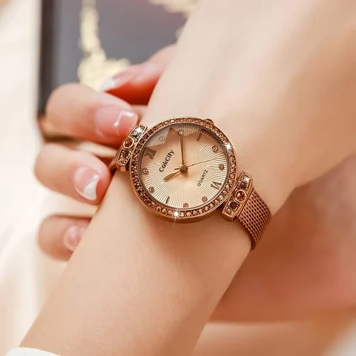 Vista 2 de CakCity Reloj de pulsera analógico de lujo para mujer diseño de cielo estrellado con correa de malla de acero inoxidable