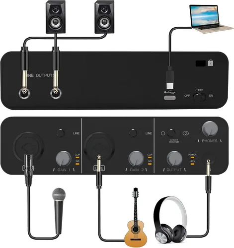 Vista 3 de Wrugste Interfaz de audio USB +48V Alimentación Phantom 24Bit/192kHz para grabación, podcasting y streaming Ultra-baja latencia Plug and Play Libre