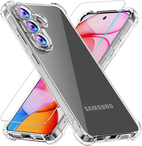 Vista 11 de Funda para Samsung Galaxy S24 FE con 2 protectores de pantalla de vidrio templado y protector de lente de cámara, capa interior de TPU suave y Negro