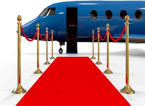 Vista 7 de AOFOTO Telón de fondo de alfombra roja para recogida en el aeropuerto, de 5 x 3 pies, pancarta dorada de lujo, puerta abierta, fondo de avión