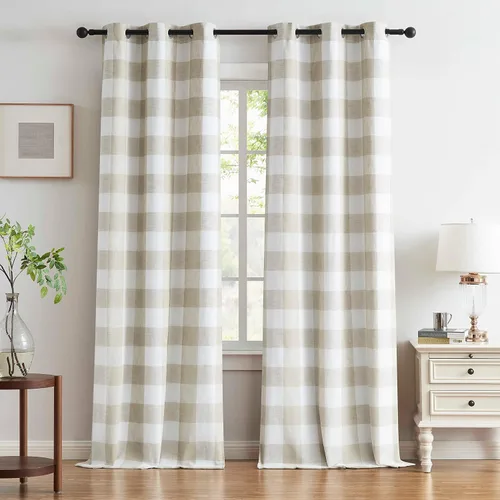 Vista 15 de Cortinas cortas de lino texturizado con diseño de búfalo blanco y negro a cuadros, 100% opacas con forro, paneles de estilo granja