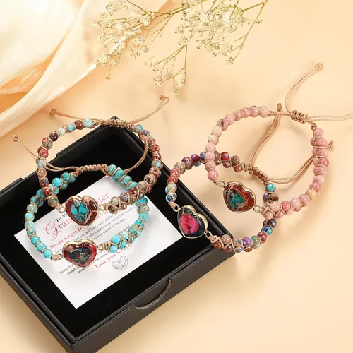 Vista 6 de Pulsera trenzada de nudo de flor de durazno ajustable para mujer, con texto en inglés "For Granddaughter A Link That Can Never Be Undo", pulsera