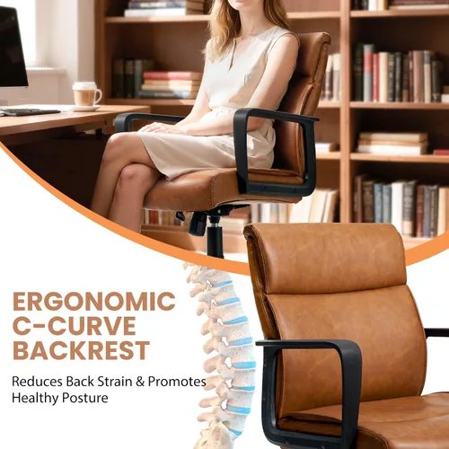 Vista 4 de Artswish Silla de oficina de cuero marrón, silla ergonómica de computadora con brazos de ruedas, silla de trabajo ajustable giratoria de 360°